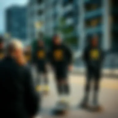 Group of skaters wearing black and gold Adidas in an urban setting