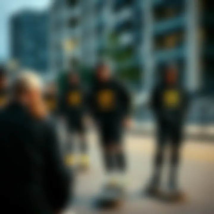Group of skaters wearing black and gold Adidas in an urban setting