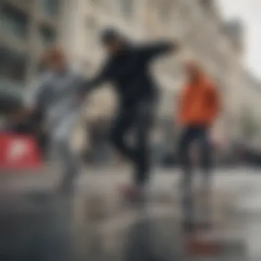 Group of skaters wearing Nike apparel in an urban setting