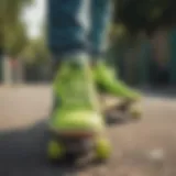 Lime green Pumas showcased on a skateboard