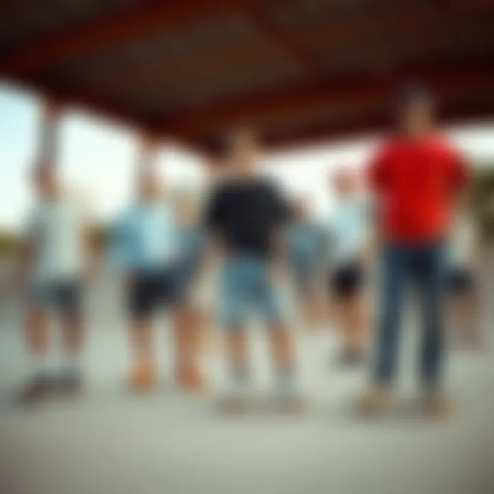 A stylish group showcasing diverse jorts styles within a skatepark setting