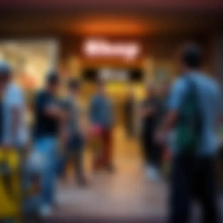 A group of skateboarders gathered outside a local shop, engaging in friendly conversation