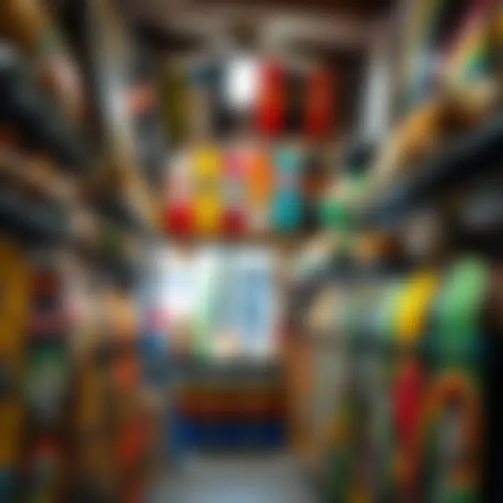 A vibrant skateboard shop interior showcasing an array of skateboards and accessories