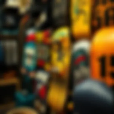 A close-up of unique skateboard designs and apparel available at a Southern California shop