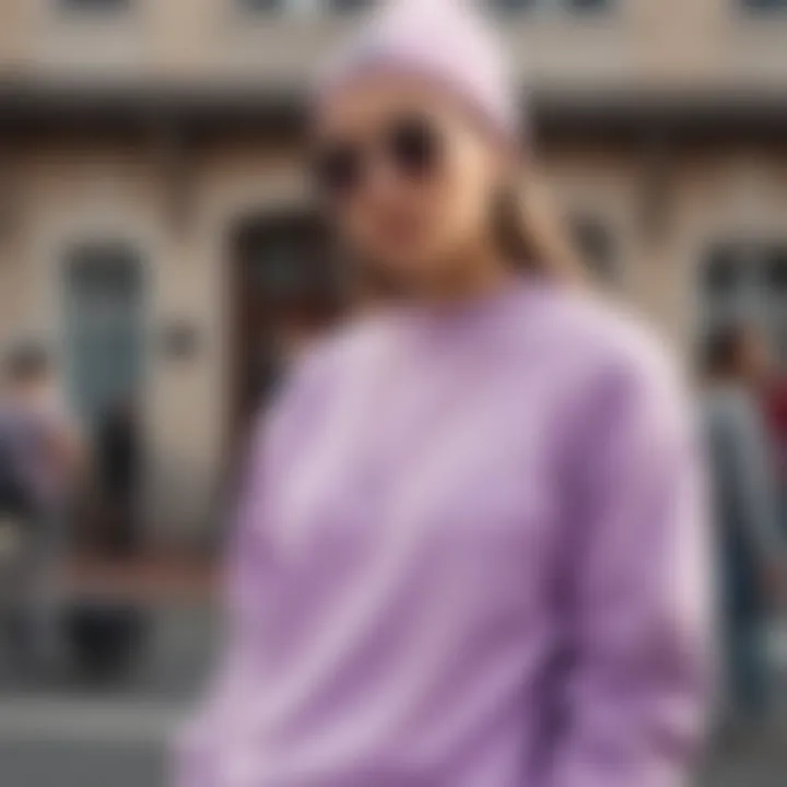 A fashion enthusiast pairing the light purple Champion sweatshirt with trendy accessories.