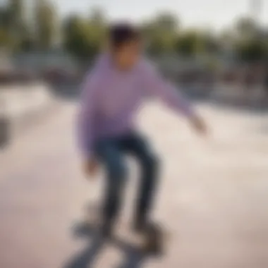 A skateboarder wearing the light purple Champion sweatshirt in an urban skate park setting.