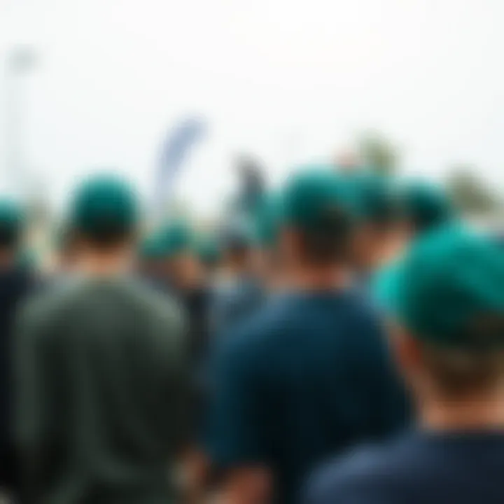 Group of skaters wearing dark green trucker hats at a skate park