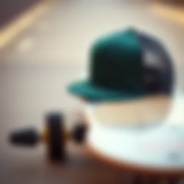 Close-up of a dark green trucker hat on a skateboard deck