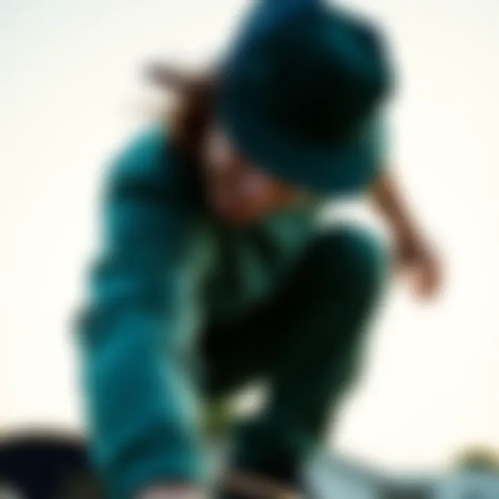 Skateboarder wearing a dark green trucker hat while performing a trick