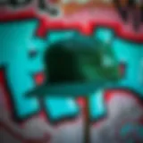 A vibrant dark green trucker hat displayed against a graffiti background