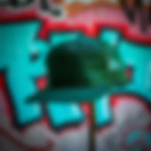 A vibrant dark green trucker hat displayed against a graffiti background