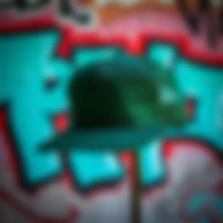 A vibrant dark green trucker hat displayed against a graffiti background