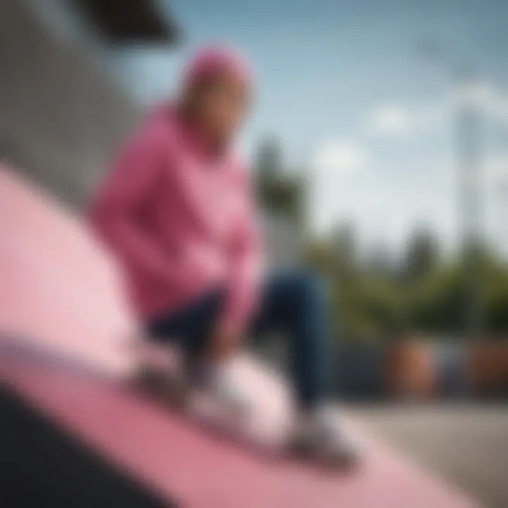 A vibrant depiction of the Pink Brand zip-up hoodie hanging on a skateboard ramp.