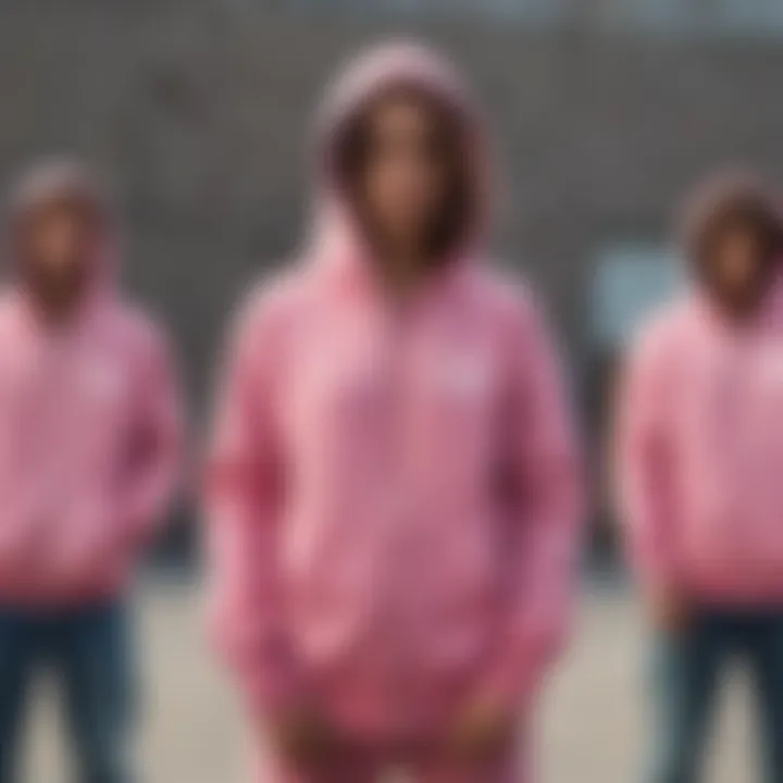 A group of skateboarders wearing different styles of the Pink Brand zip-up hoodie.