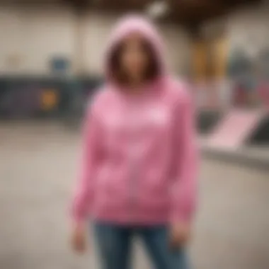 An urban skate park scene showcasing the Pink Brand zip-up hoodie in action.