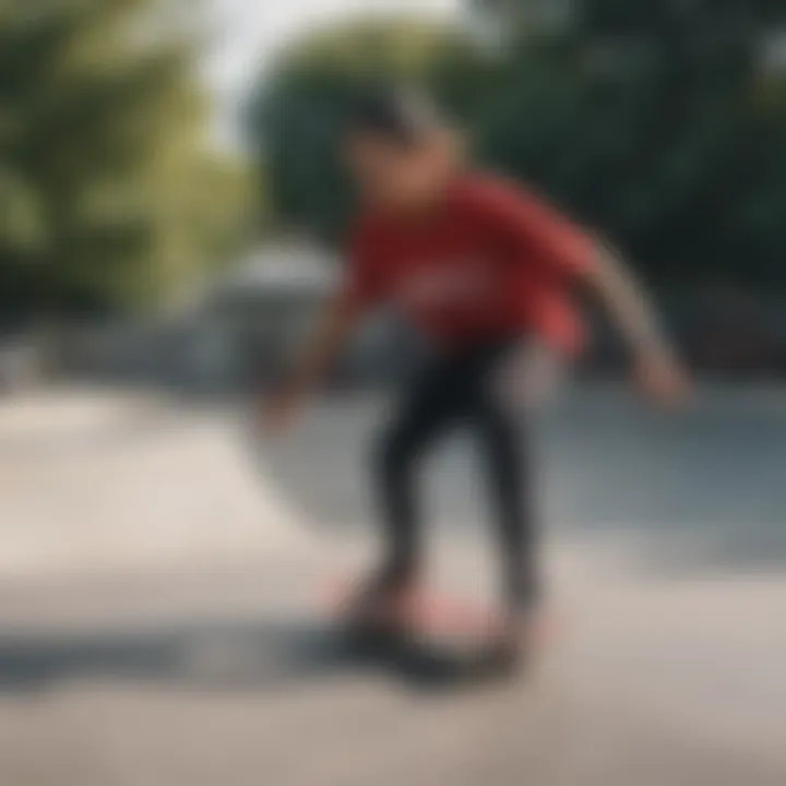 A skateboarder wearing a red and black crop top performing a trick at a skate park.