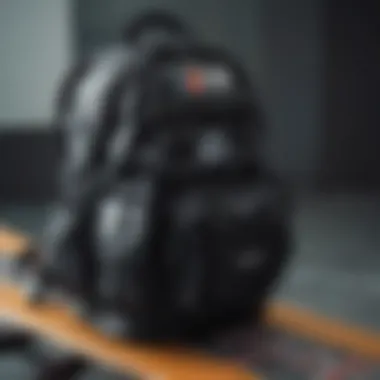 Close-up of a mini black backpack with skateboard gear