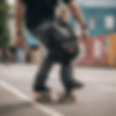 Skater wearing a mini black backpack while performing a trick