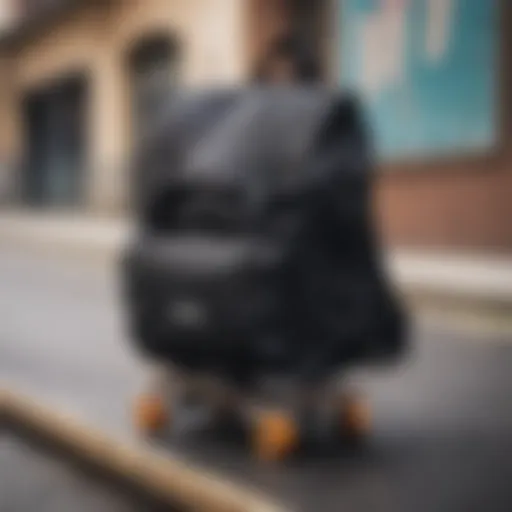 A stylish mini black backpack showcased against a skateboard