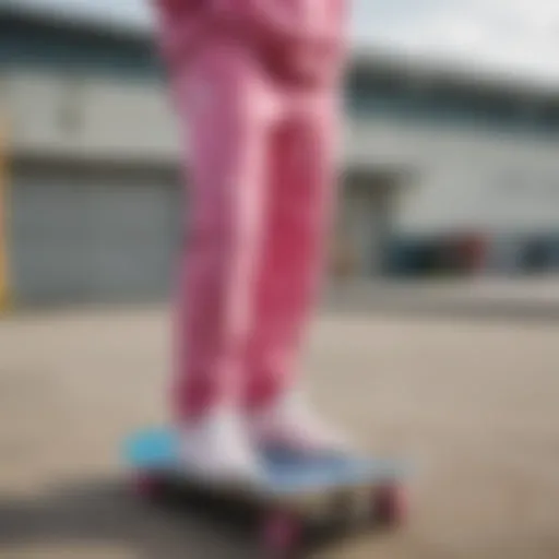 Vibrant pink tie-dye sweatpants hanging on a skateboard