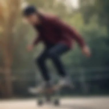 A stylish skateboarder wearing a flannel shirt while performing a trick.