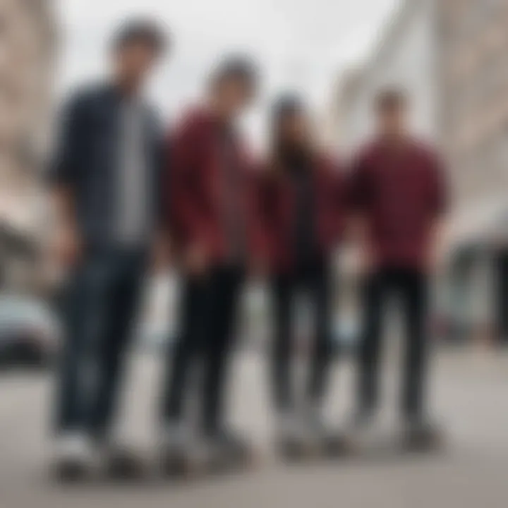 A group of skateboarders showcasing their flannel shirts in an urban setting.