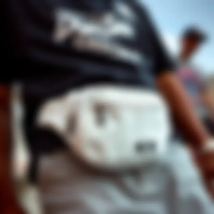 Close-up of a white fanny pack showcasing its design and materials