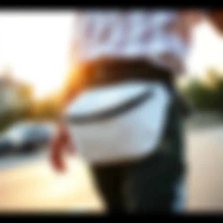 Stylish white fanny pack worn during a skateboarding session