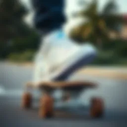 All white New Balance shoes on a skateboard