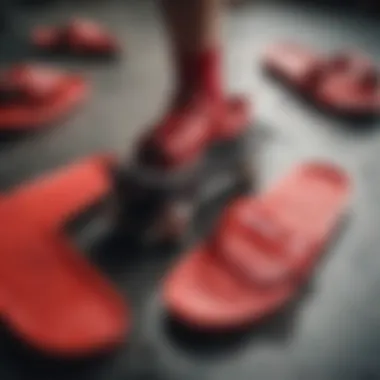 Stylish arrangement of red Adilette slides with skate gear