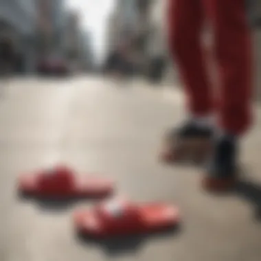 Group of skaters showcasing red Adilette slides in urban setting