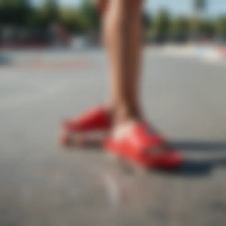 Skater wearing red Adilette slides at a skatepark