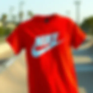 A vibrant red Nike shirt displayed against a backdrop of a skate park
