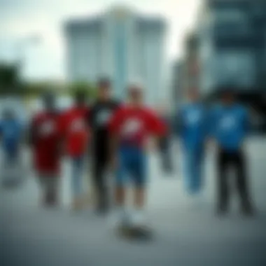 A group of skaters showcasing their Nike shirts in an urban setting
