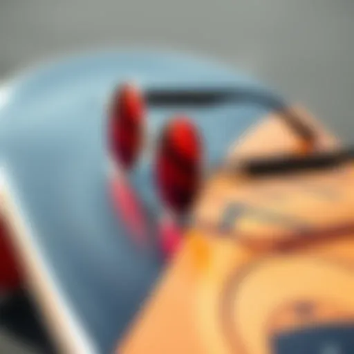 Red Lens Circle Sunglasses on Skateboard A close-up shot of red lens circle sunglasses resting on a skateboard deck.
