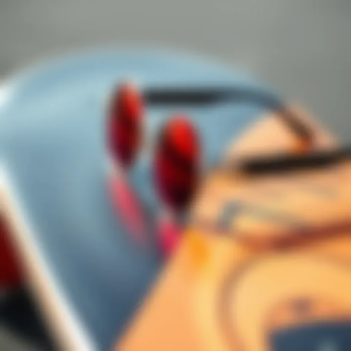 Red Lens Circle Sunglasses on Skateboard A close-up shot of red lens circle sunglasses resting on a skateboard deck.