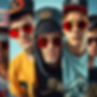 A collage of iconic skateboarders famous for their unique styles and eyewear, including red lens sunglasses.