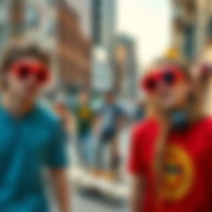 Skateboarders in Urban Setting A vibrant street scene showcasing skateboarders wearing red lens circle sunglasses.