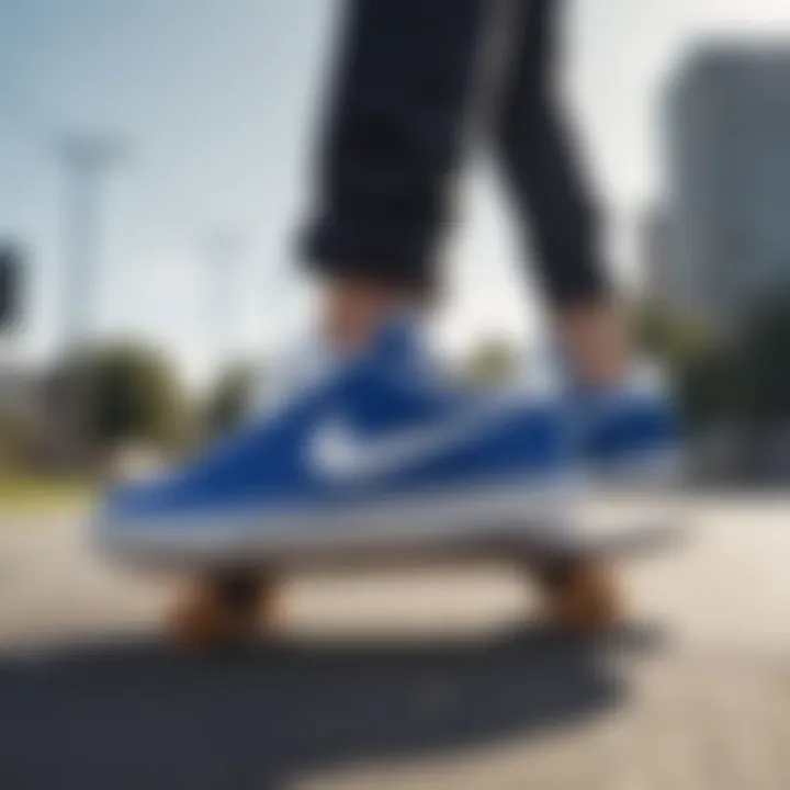 Royal blue and white Nike sneakers on a skateboard