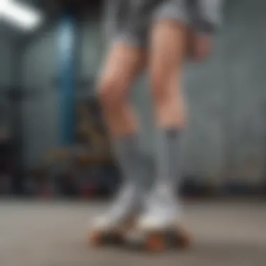 Fashion Representation in Skate Culture A stylish arrangement of grey Adidas crew socks alongside skateboarding gear, representing fashion in skate culture.
