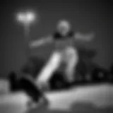 A skateboarder performing tricks in a black and white outfit, showcasing the blend of style and functionality in skate culture.