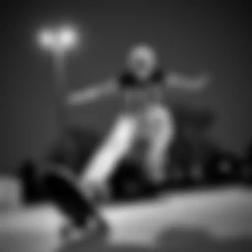 A skateboarder performing tricks in a black and white outfit, showcasing the blend of style and functionality in skate culture.