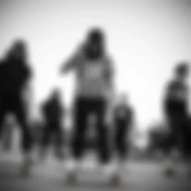 A group of skateboarders in a park, each expressing their unique style through black and white attire.