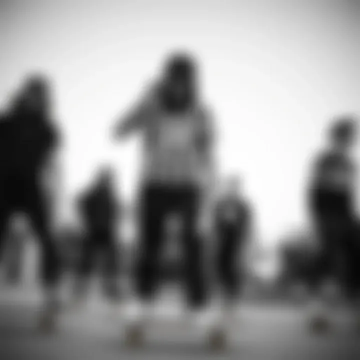 A group of skateboarders in a park, each expressing their unique style through black and white attire.