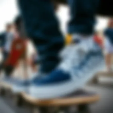 A group of skateboarders wearing Vans navy checkerboard shoes in action