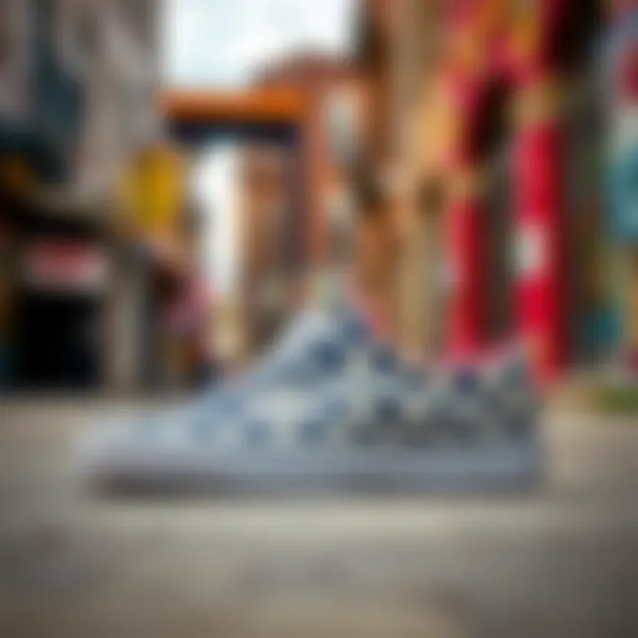 Vans navy checkerboard shoes displayed against a vibrant urban backdrop