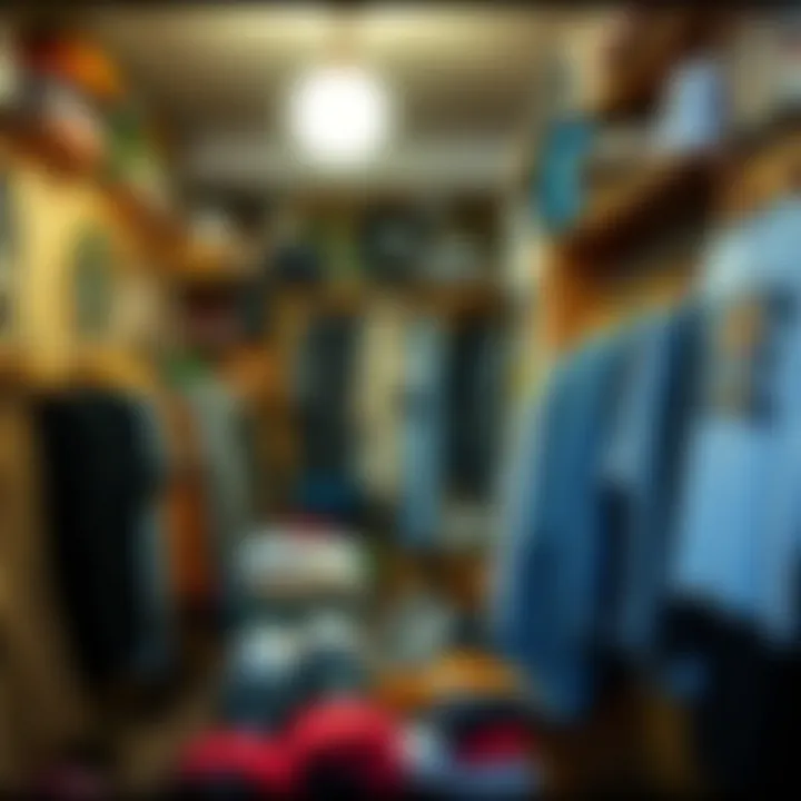 A cozy corner of a thrift store filled with eclectic clothing