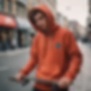 A skateboarder wearing a trendy hoodie in an urban setting