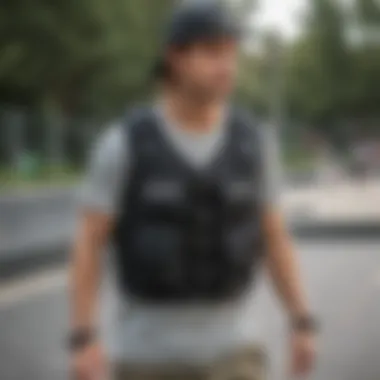 Skater wearing a utility vest at a skate park