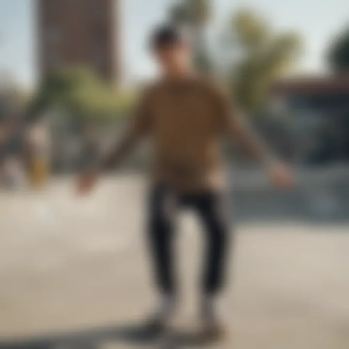 Skater wearing the Vans leopard print shirt in an urban skate park